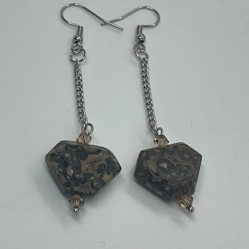 Hand Crafted Gray Brown Gemstone With Silver Chain Earrings NWT